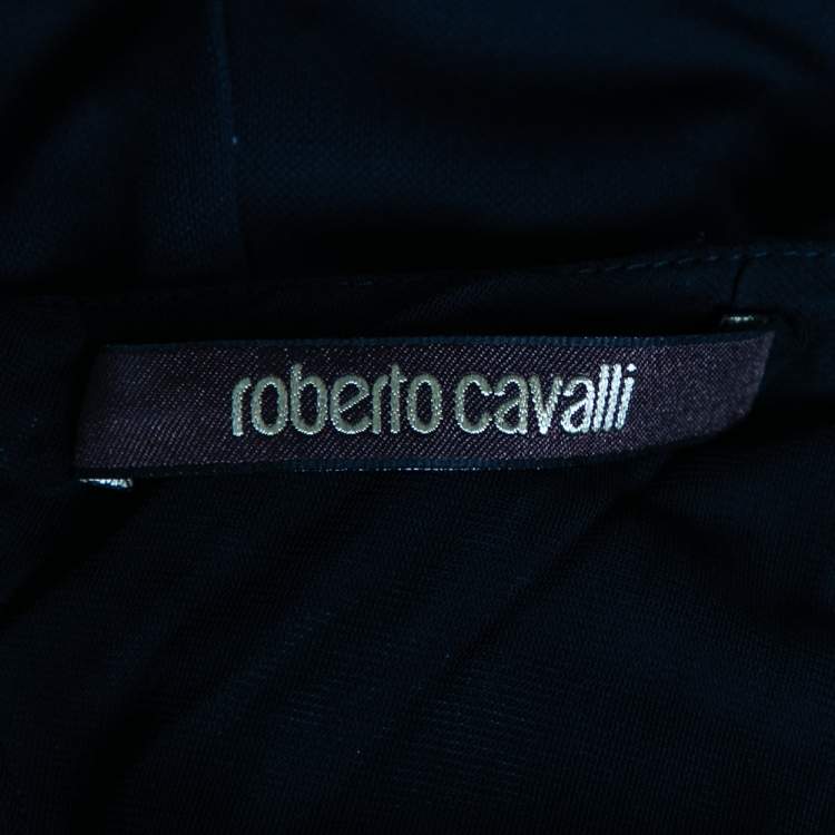 Pre Owned Roberto Cavalli Black Fire Printed Jersey Embellished Neck Dress M