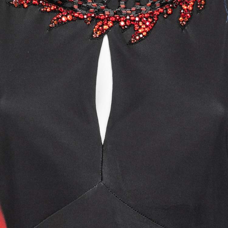 Pre Owned Roberto Cavalli Black Fire Printed Jersey Embellished Neck Dress M