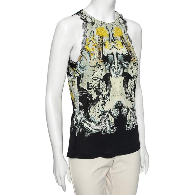مملوكة مسبقًا Roberto Cavalli Multicolored Printed Georgette Lace Trim Detailed Top M