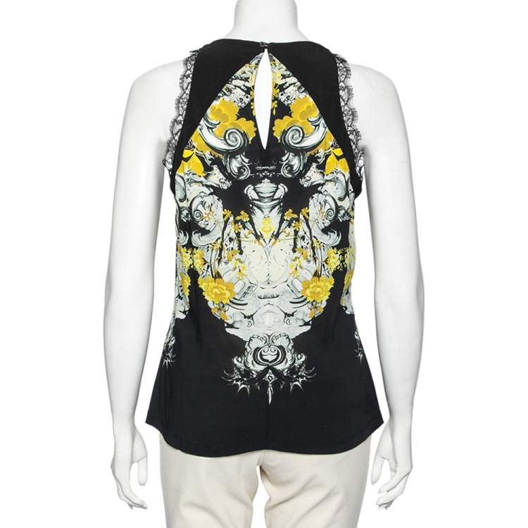 مملوكة مسبقًا Roberto Cavalli Multicolored Printed Georgette Lace Trim Detailed Top M