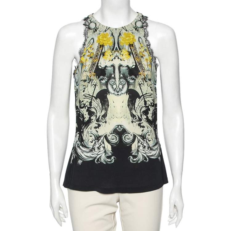 مملوكة مسبقًا Roberto Cavalli Multicolored Printed Georgette Lace Trim Detailed Top M