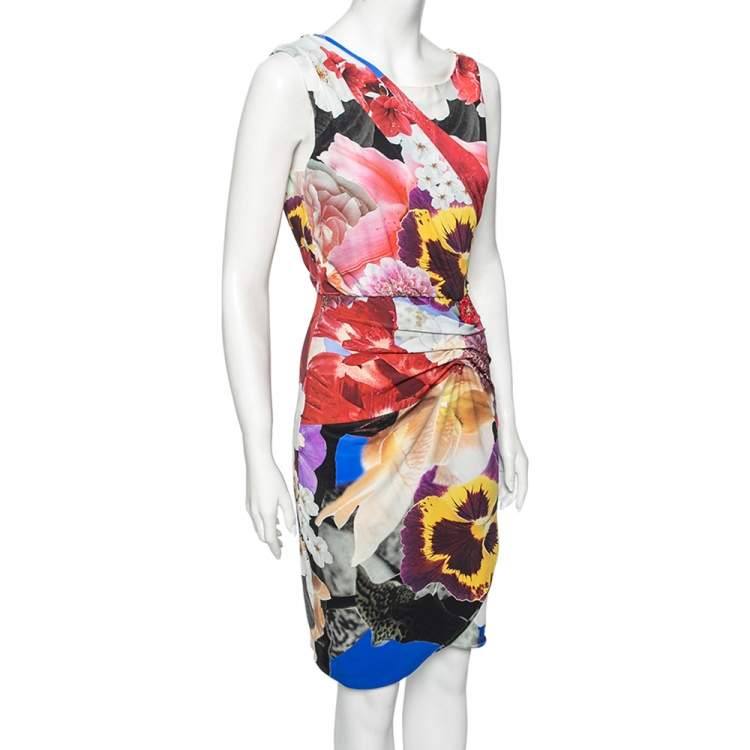 مملوكة مسبقًا Roberto Cavalli Multicolored Floral Printed Jersey Ruched Detailed Dress M