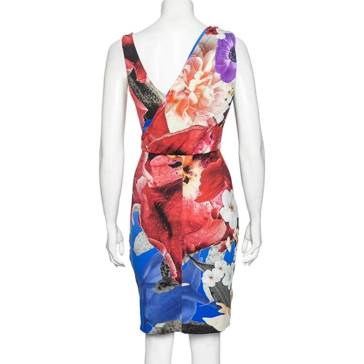 مملوكة مسبقًا Roberto Cavalli Multicolored Floral Printed Jersey Ruched Detailed Dress M