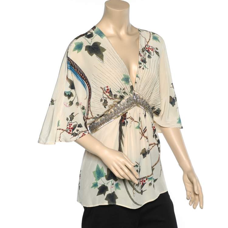 Pre Owned Roberto Cavalli Cream Printed Silk Embellished Kaftan Top L