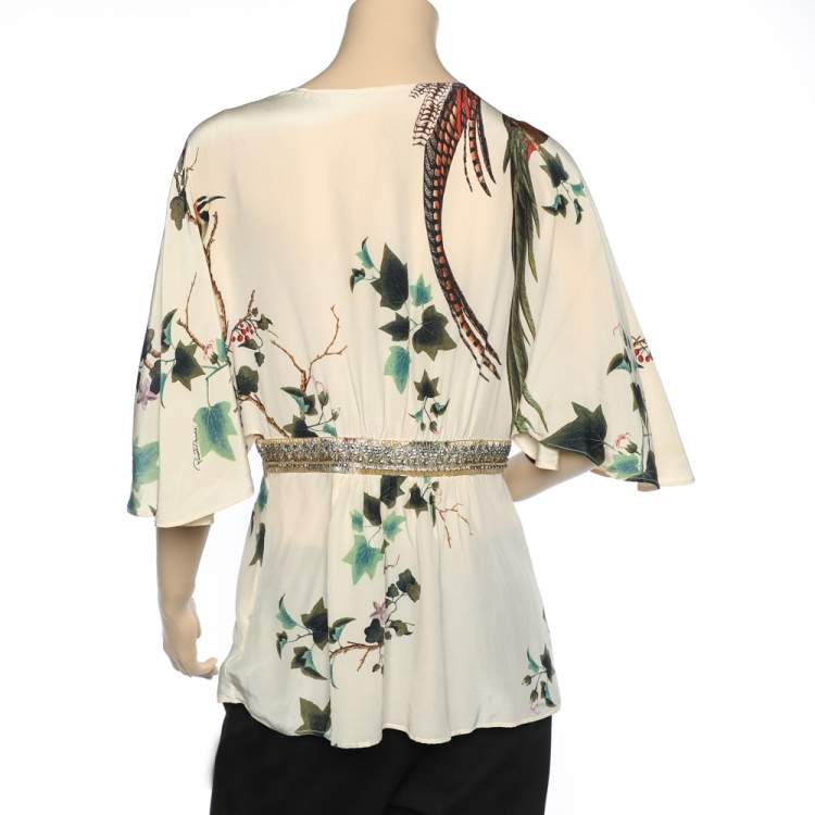 Pre Owned Roberto Cavalli Cream Printed Silk Embellished Kaftan Top L