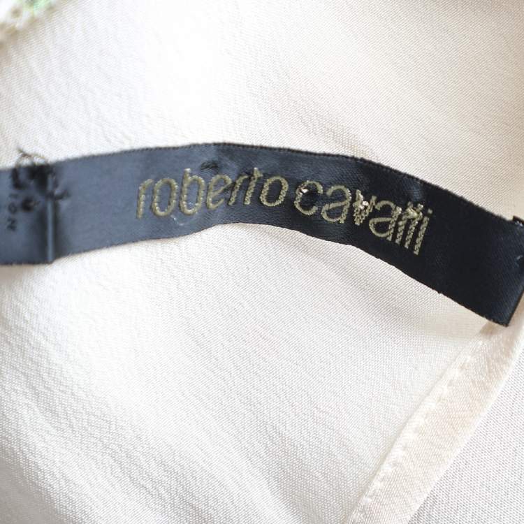 Pre Owned Roberto Cavalli Cream Printed Silk Embellished Kaftan Top L