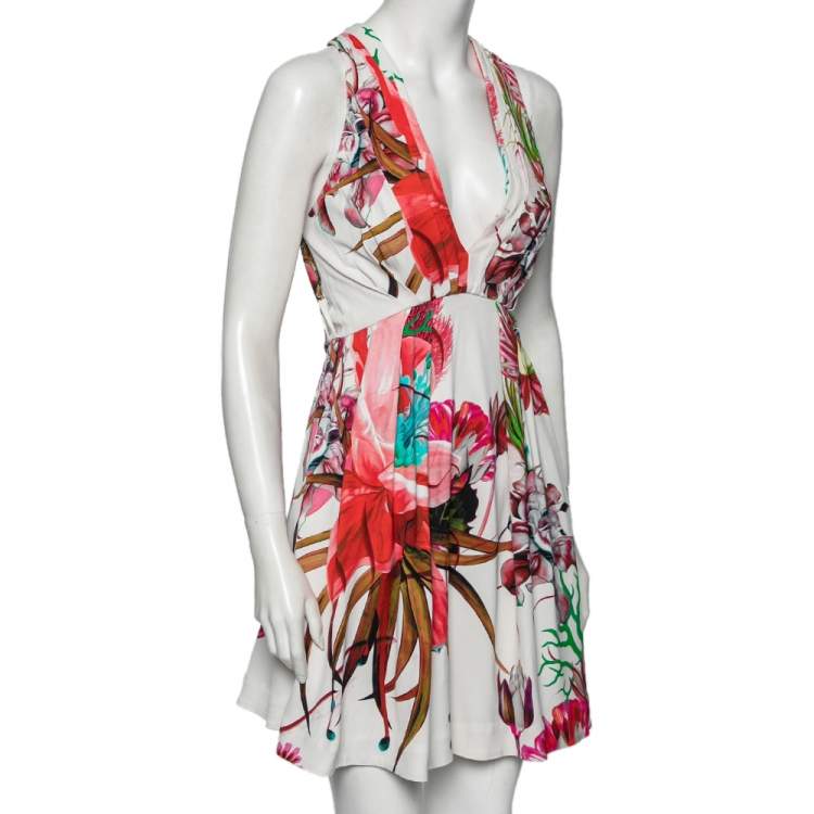 Pre Owned Roberto Cavalli Multicolor Floral Printed Jersey Pleated Plunging Neck Dress S