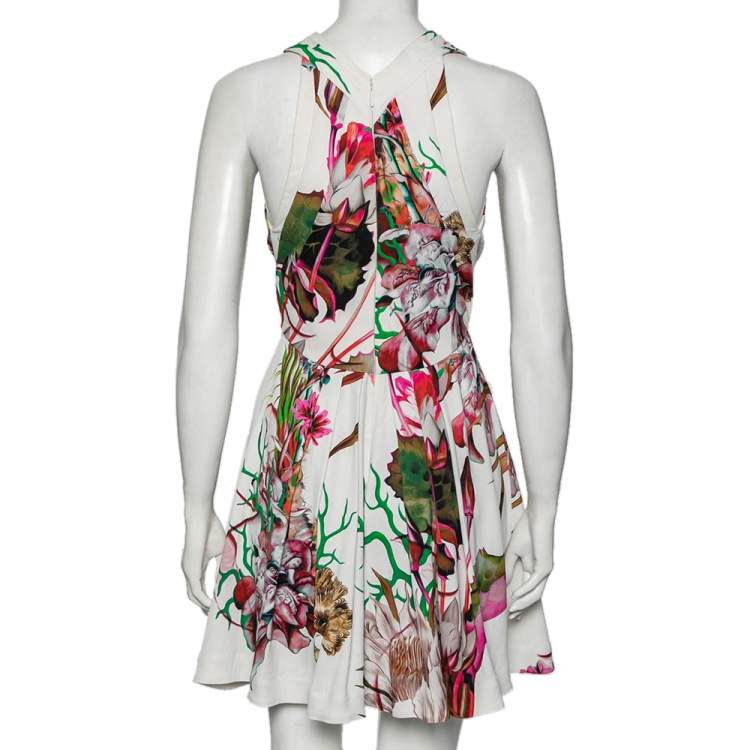 Pre Owned Roberto Cavalli Multicolor Floral Printed Jersey Pleated Plunging Neck Dress S