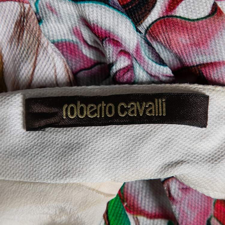Pre Owned Roberto Cavalli Multicolor Floral Printed Jersey Pleated Plunging Neck Dress S