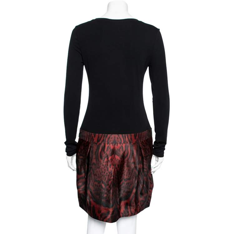 Pre Owned Roberto Cavalli Black & Red Animal Printed Silk Jersey Pleated Dress M