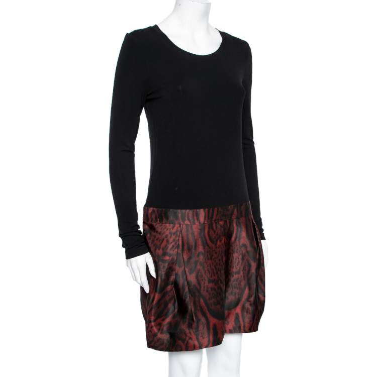 Pre Owned Roberto Cavalli Black & Red Animal Printed Silk Jersey Pleated Dress M