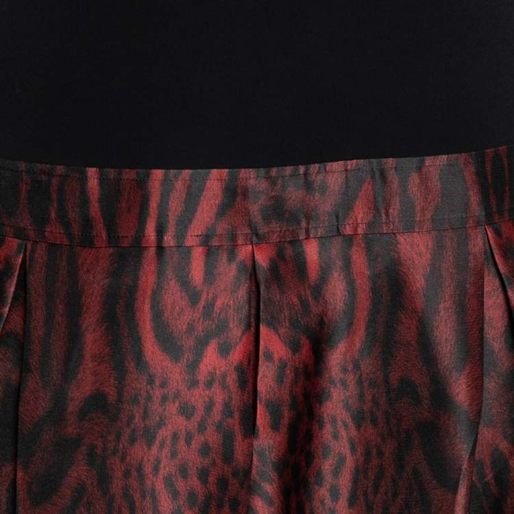 Pre Owned Roberto Cavalli Black & Red Animal Printed Silk Jersey Pleated Dress M