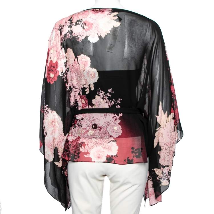 Pre Owned Roberto Cavalli Black and Pink Floral Printed Silk Kimono Belted Top L