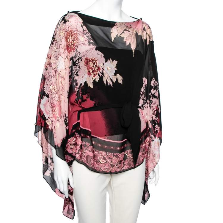Pre Owned Roberto Cavalli Black and Pink Floral Printed Silk Kimono Belted Top L