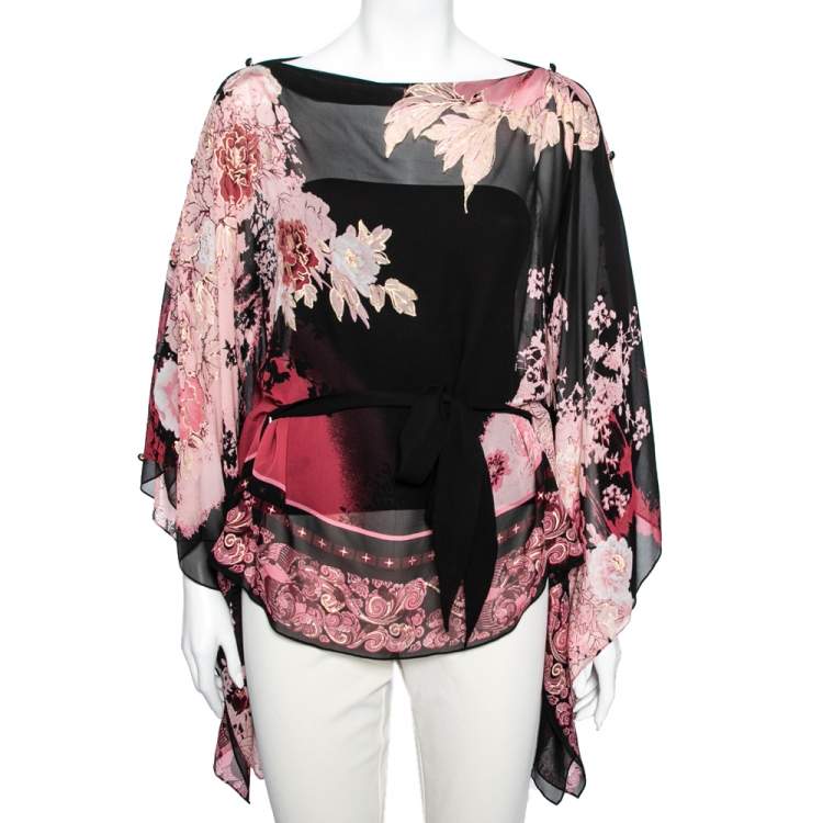 Pre Owned Roberto Cavalli Black and Pink Floral Printed Silk Kimono Belted Top L