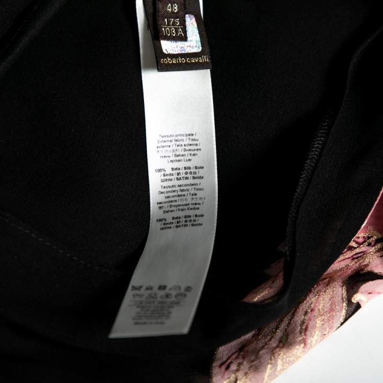 Pre Owned Roberto Cavalli Black and Pink Floral Printed Silk Kimono Belted Top L