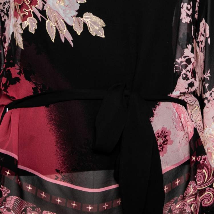 Pre Owned Roberto Cavalli Black and Pink Floral Printed Silk Kimono Belted Top L