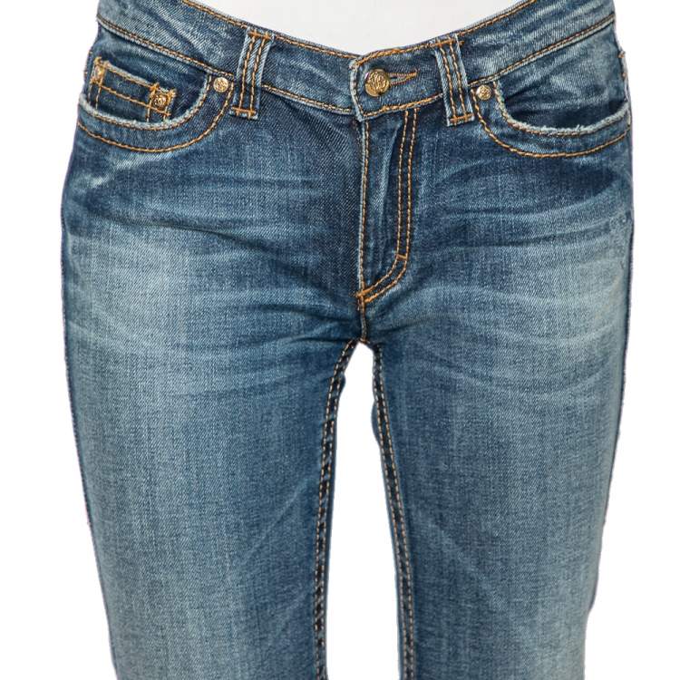 Pre Owned Roberto Cavalli Blue Denim Distress Flared Jeans S
