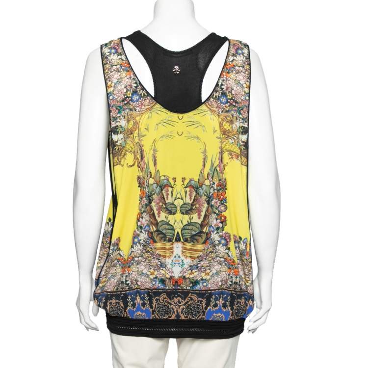 Pre Owned Roberto Cavalli Yellow Printed Chiffon & Knit Overlay Sleeveless Top M 