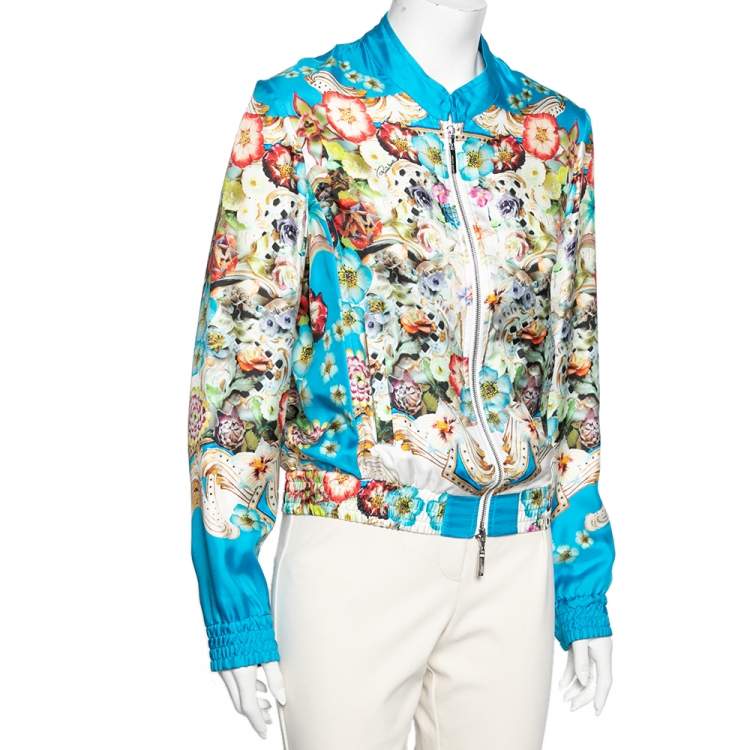 Pre Owned Roberto Cavalli Blue Floral Printed Silk Zip Front Jacket M