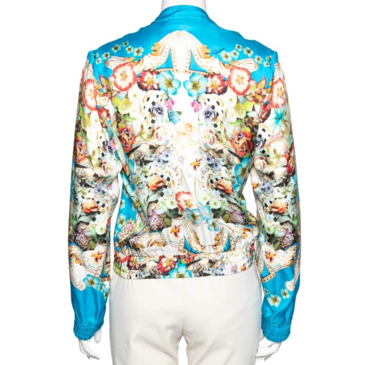 Pre Owned Roberto Cavalli Blue Floral Printed Silk Zip Front Jacket M