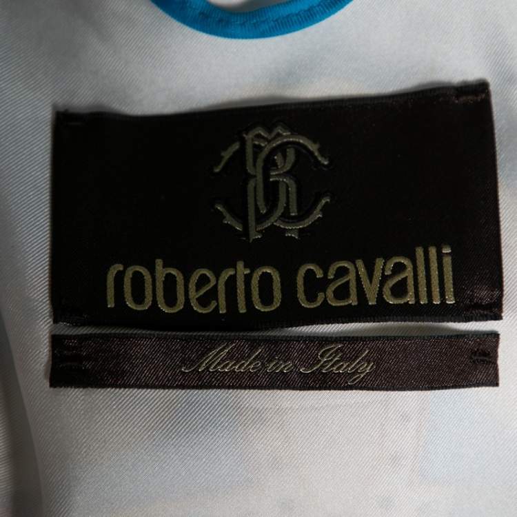 Pre Owned Roberto Cavalli Blue Floral Printed Silk Zip Front Jacket M