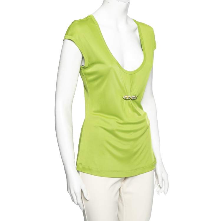 Pre Owned Roberto Cavalli Green Jersey Embellished Detailed Sleeveless Top M