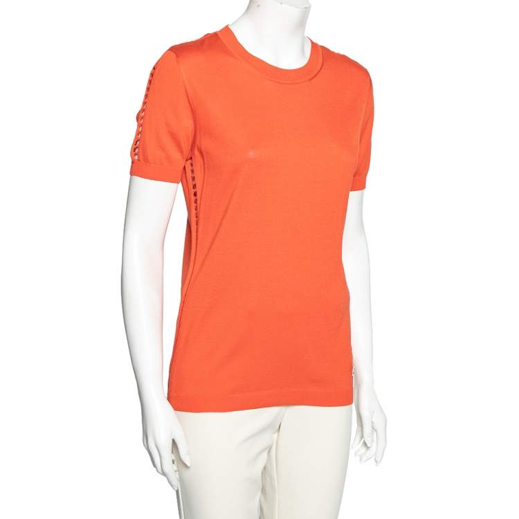 Pre Owned Roberto Cavalli Orange Silk Knit Cut-Out Pattern Detailed Top M