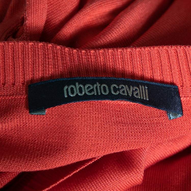 Pre Owned Roberto Cavalli Orange Silk Knit Cut-Out Pattern Detailed Top M