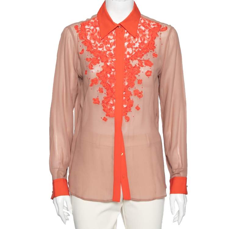 Pre Owned Roberto Cavalli Dusky Pink & Orange Embellished Lace Trimmed SIlk Shirt M