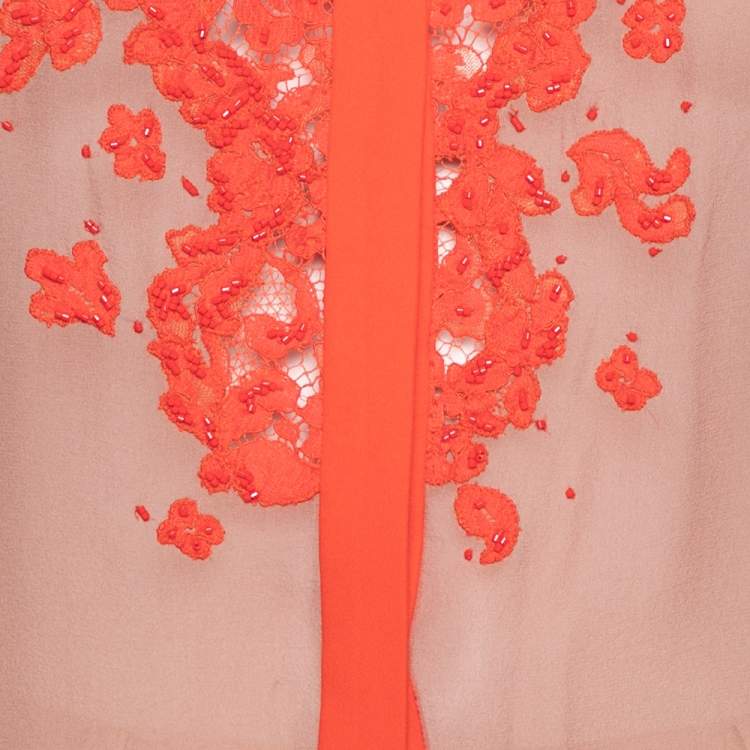 Pre Owned Roberto Cavalli Dusky Pink & Orange Embellished Lace Trimmed SIlk Shirt M
