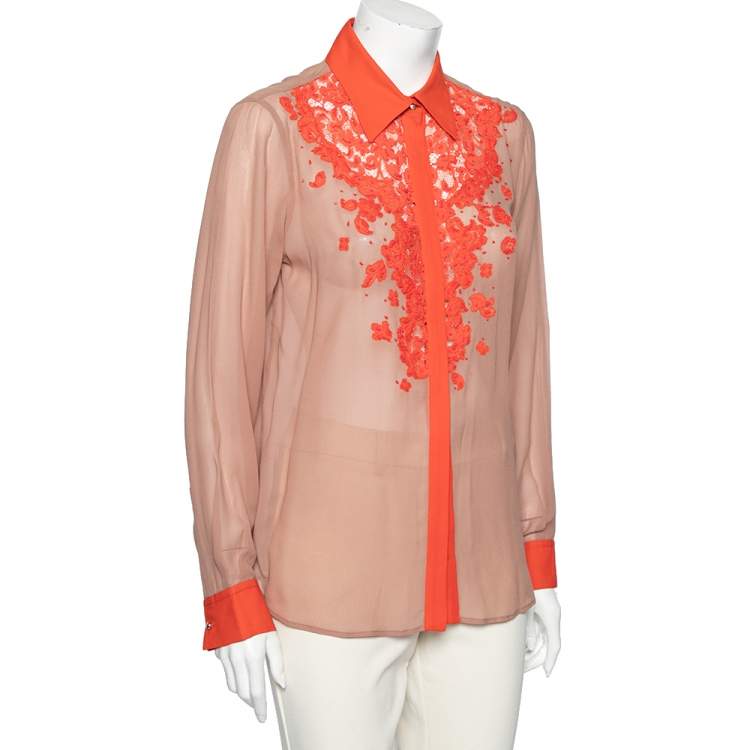 Pre Owned Roberto Cavalli Dusky Pink & Orange Embellished Lace Trimmed SIlk Shirt M