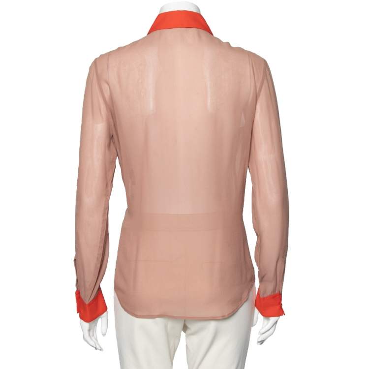 Pre Owned Roberto Cavalli Dusky Pink & Orange Embellished Lace Trimmed SIlk Shirt M