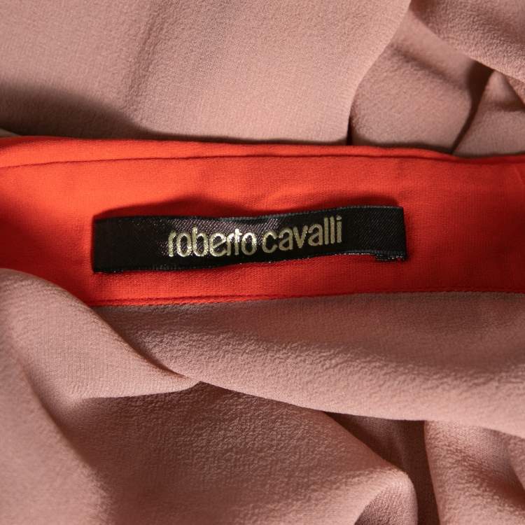 Pre Owned Roberto Cavalli Dusky Pink & Orange Embellished Lace Trimmed SIlk Shirt M