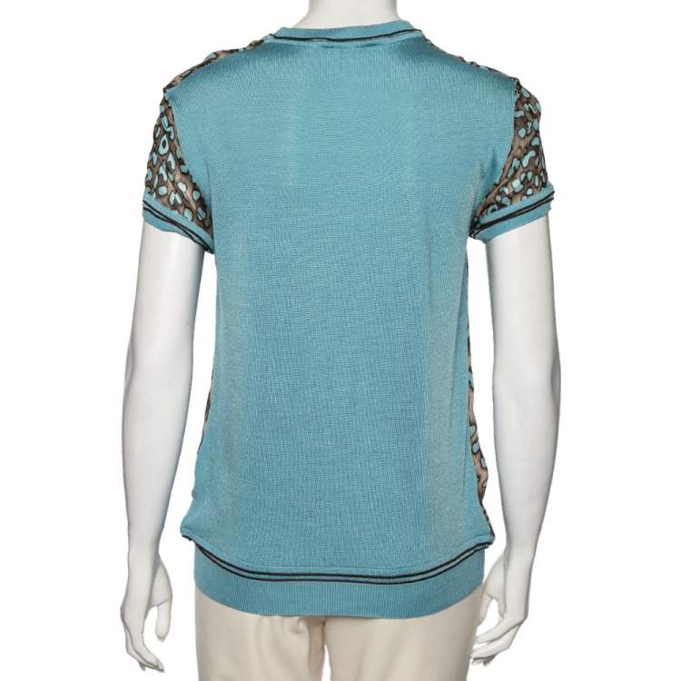 Pre Owned Roberto Cavalli Blue Animal Printed Silk & Rib Knit Trim T-Shirt S