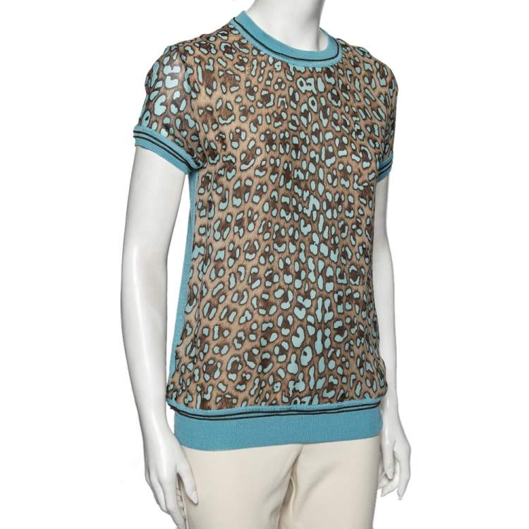 Pre Owned Roberto Cavalli Blue Animal Printed Silk & Rib Knit Trim T-Shirt S