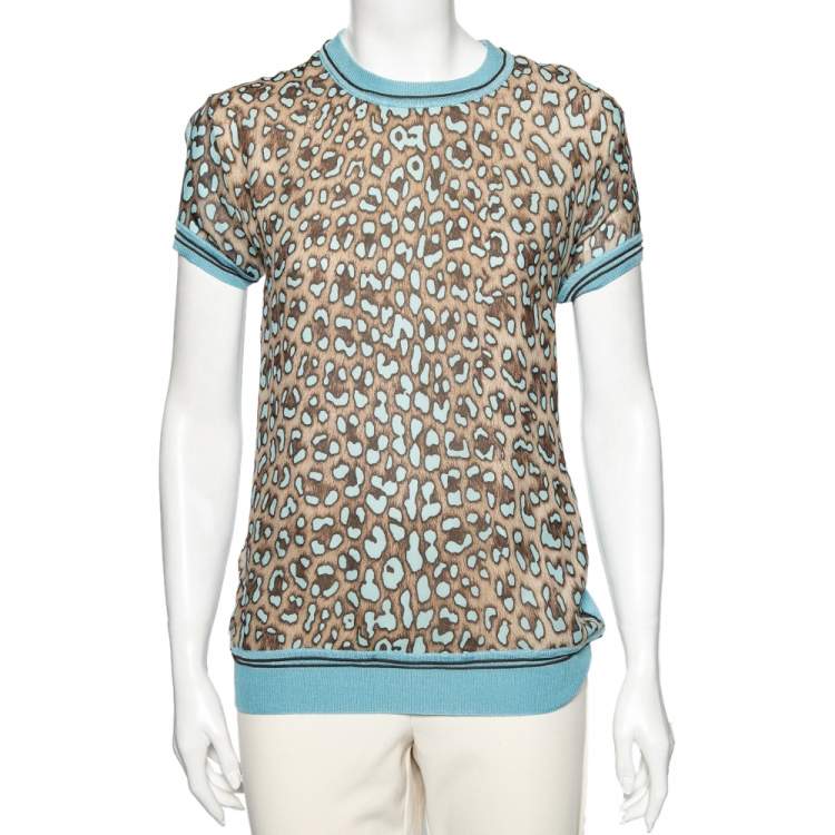 Pre Owned Roberto Cavalli Blue Animal Printed Silk & Rib Knit Trim T-Shirt S