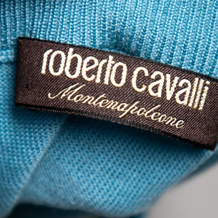 Pre Owned Roberto Cavalli Blue Animal Printed Silk & Rib Knit Trim T-Shirt S