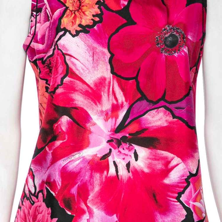 Pre Owned Roberto Cavalli Pink Floral Printed Silk Sleeveless Dress M