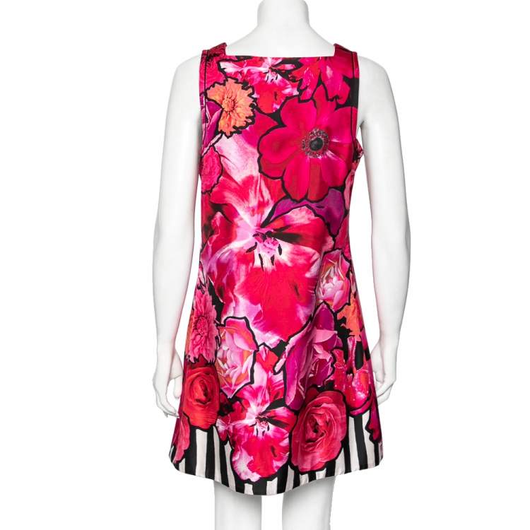 Pre Owned Roberto Cavalli Pink Floral Printed Silk Sleeveless Dress M
