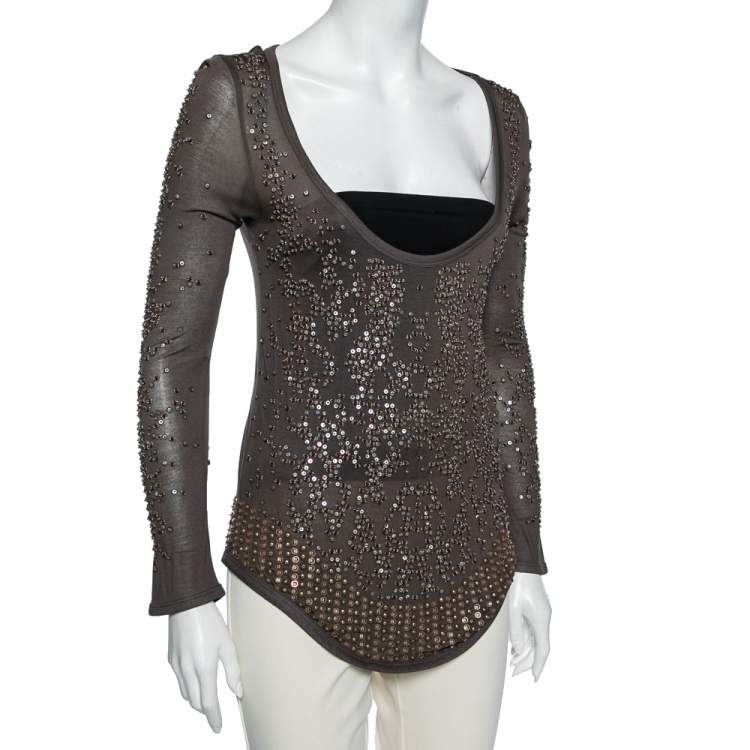 مملوكة مسبقًا Roberto Cavalli Brown Sequin Embellished Modal Knit Scoop Neck T-Shirt S