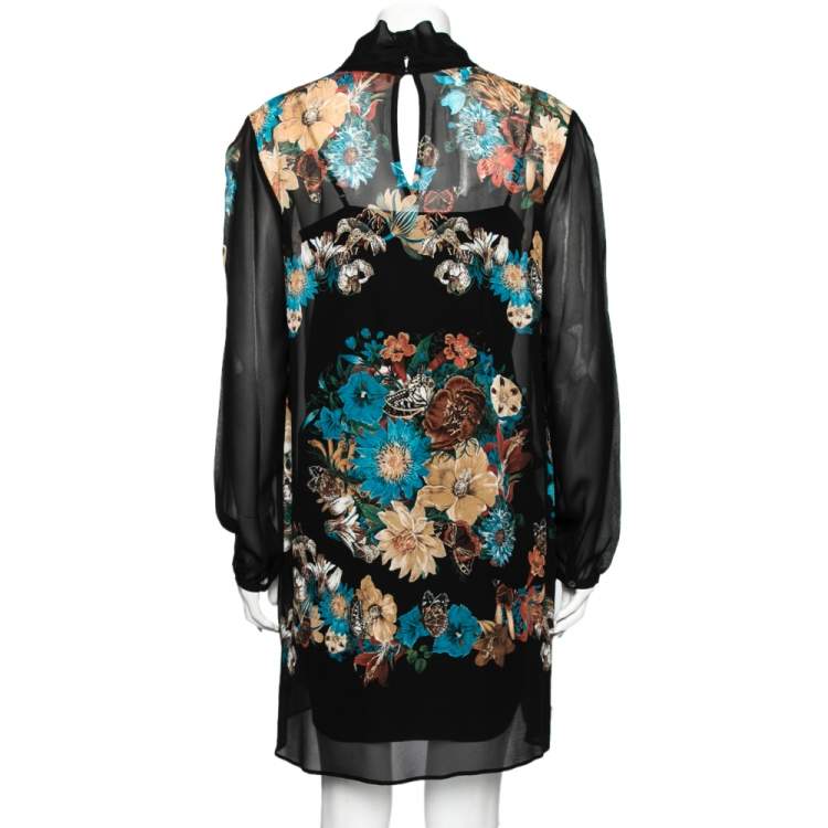 Pre Owned Roberto Cavalli Black Floral Print Sheer Silk Dress M