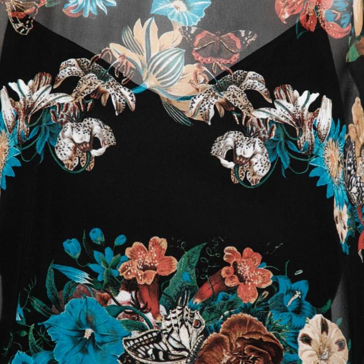 Pre Owned Roberto Cavalli Black Floral Print Sheer Silk Dress M