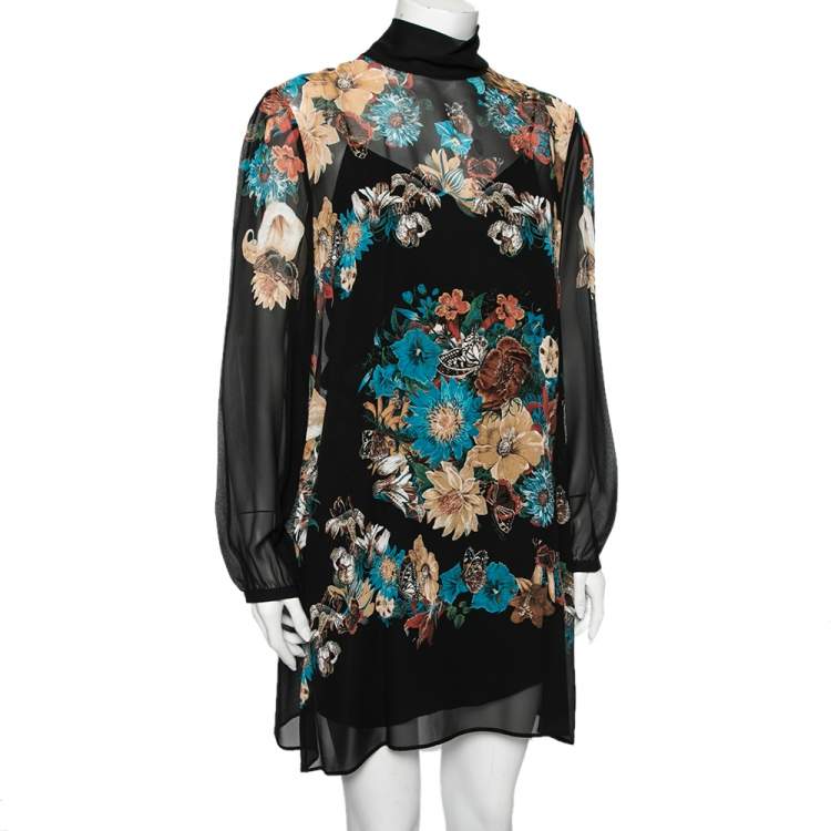 Pre Owned Roberto Cavalli Black Floral Print Sheer Silk Dress M