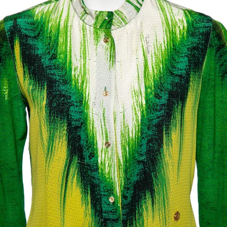 Pre Owned Roberto Cavalli Green Abstract Print Silk Blouse M