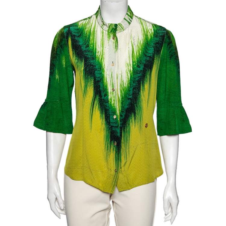 Pre Owned Roberto Cavalli Green Abstract Print Silk Blouse M
