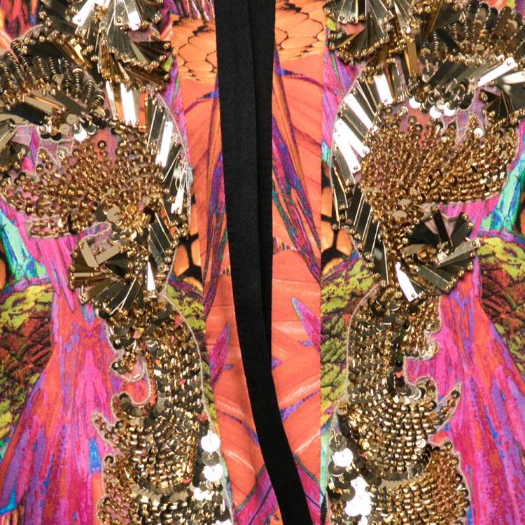 Pre Owned Roberto Cavalli Multicolor Embellished Printed Silk Blazer M