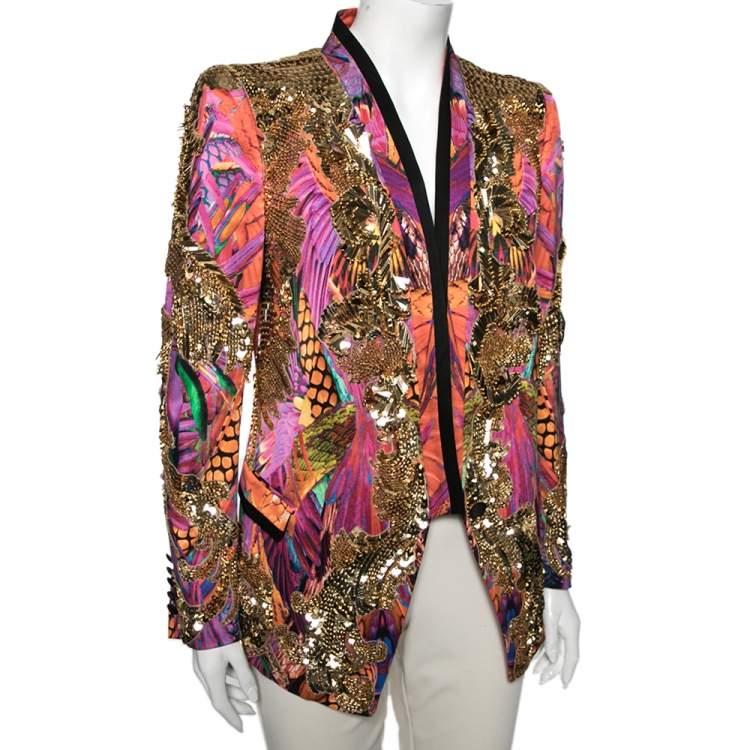 Pre Owned Roberto Cavalli Multicolor Embellished Printed Silk Blazer M