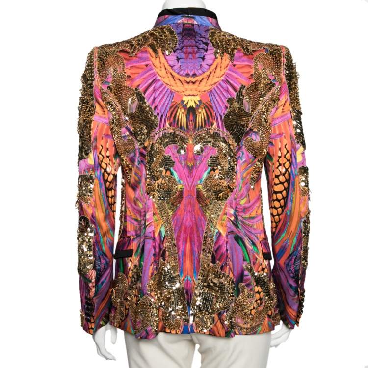 Pre Owned Roberto Cavalli Multicolor Embellished Printed Silk Blazer M