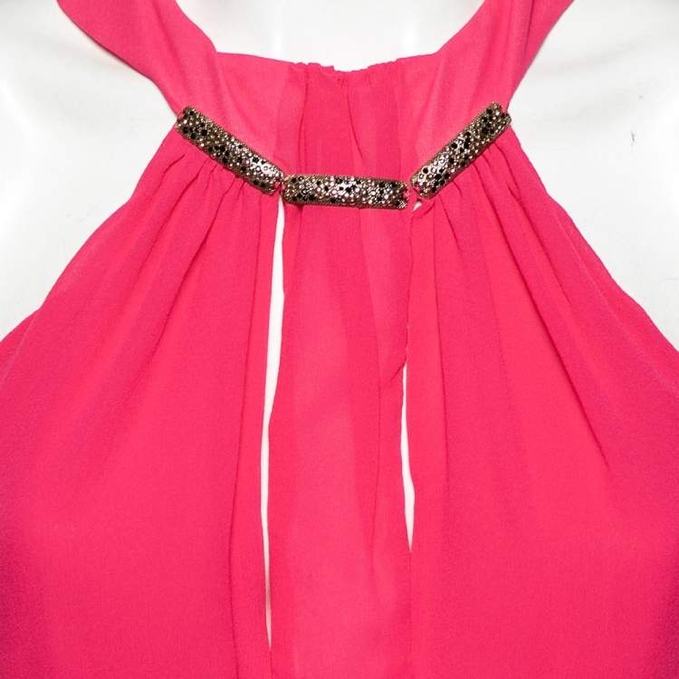 Pre Owned Roberto Cavalli Pink Silk Chiffon Embellished Neck Detail Dress M 